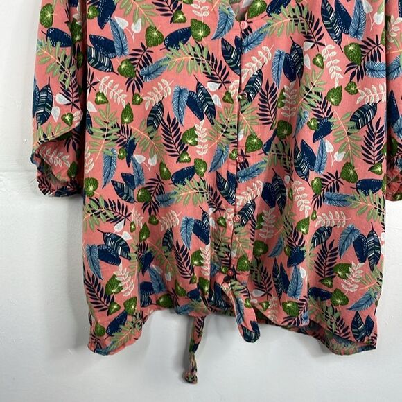 Roadtrip Linen Blend Easy Care Pink Tropical Tie Short Sleeve Top Plus Sz 2X - Picture 3 of 13